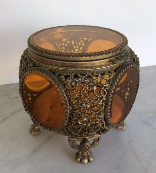 Vintage Stylebuilt Amber Glass Beveled Gold Filigree Ormolu Jewelry Trinket Box