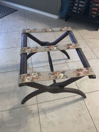 Luggage Stand/suitcase Rack Vtg " Scheibe " Folding Wood With Tapestry Straps.