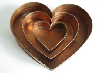 Three Vintage Heart Shaped Copper Cake,  Jello,  Pudding,  Aspect,  Molds With Hangers