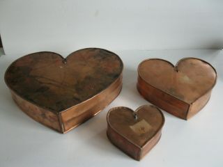 THREE VINTAGE HEART SHAPED COPPER CAKE,  JELLO,  PUDDING,  ASPECT,  MOLDS WITH HANGERS 2