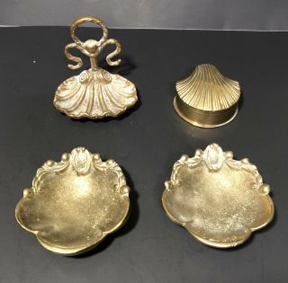 2 Small Brass Clam Shell Ornate,  1 Soap Dish Tray And 1 Jewelry Box