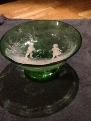 Stunning Victorian Antique Mary Gregory Green Glass Bowl (rare) As It’s A Bowl