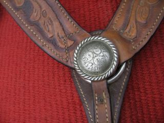 Western Vintage Heavy Duty Tooled Leather Breast Collar With Silver Concho