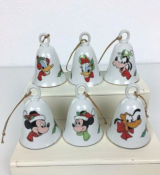 6 Disney Grolier Bell Christmas Ornaments Mickey Minnie Pluto Donald Daisy Goofy