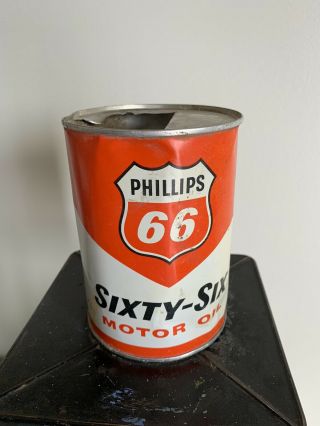 Vintage 1960s Phillips 66 Red Sixty - Six 1 Qt.  Motor Oil Can Quart Metal Al