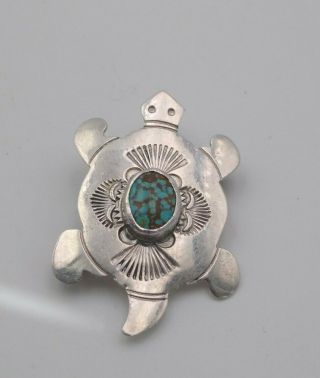 Vintage Sterling Silver Pilot Mountain Spiderweb Turquoise Turtle Brooch Pendant
