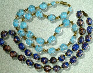 2 Vintage Venetian Murano Art Glass Blue Aventurine Flecks Bead Necklace 18.  5 "