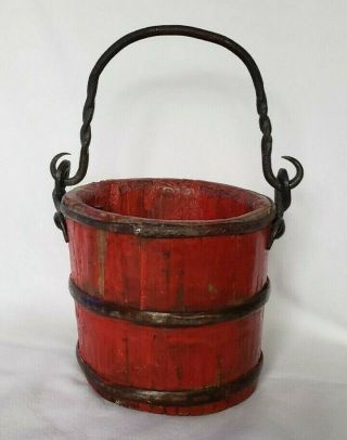 Red Antique Wooden Stave Bucket Wrought Iron Handle