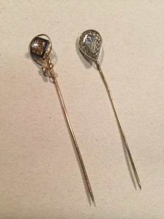 Two (2) Art Deco Era Stick Pins 14k Gold 1) Diamond 2) Pearl - Estate Vintage