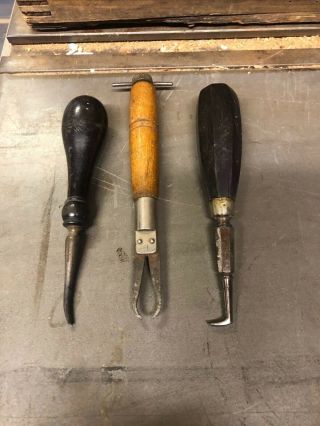 3 Wood Handle Antique Dental Dentist Tool Equipment Crescent & Chevaliers