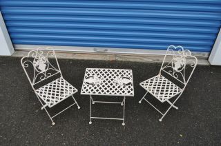 Vintage Child ' s Wrought Iron 3 Piece Patio Table And 2 Chairs 2