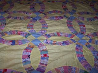 Vintage 1930s Quilt Top Double Wedding Ring Hand Sewn Yellow Blue 92 " X 74 "