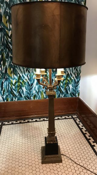 Vintage French Empire Style Brass Candelabra Table Lamps With Gold / Brass Shade