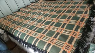 Vintage Wool Fringed Blanket Green,  Orange,  Brown Plaid 62 " X72 "