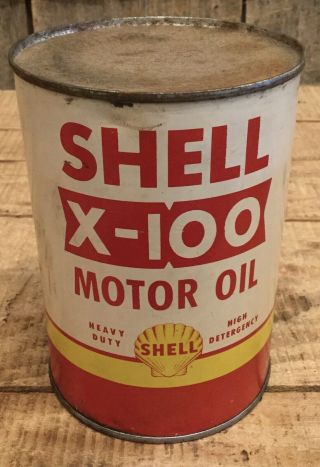 Vintage Gas Service Station Nos 1qt Shell X - 100 Motor Oil Tin Can W Content