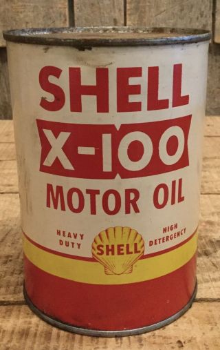 Vintage Gas Service Station NOS 1Qt SHELL X - 100 Motor Oil Tin Can W Content 2