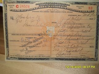 Prohibition Liquor Prescription Dated October,  1924,