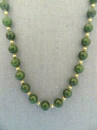 Vintage Spinach Jade 8mm Strand Necklace With 14k Gold Clasp
