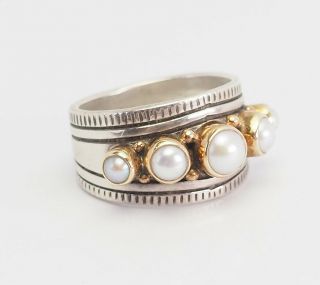Vintage Sterling Silver 14k Gold Pearls Ring Size 7.  75 By Raymond Coriz
