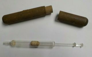Antique Medical Scientific Glass Syringe In Wood Case Tube