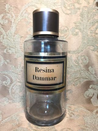 Antique French Apothecary Blown Glass Jar With Tin Lid Label " Resina Dammar "