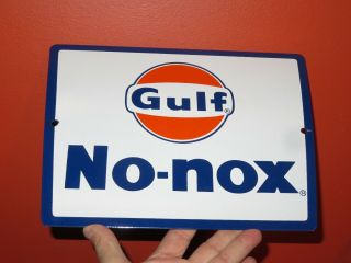 Nos Vintage 1960s Gulf No - Nox Oil Gas Station Pump Porcelain Sign Minty