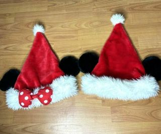Disney World 2 Minnie & Mickey Mouse Christmas Bow Plush Ears Santa Hats Adult