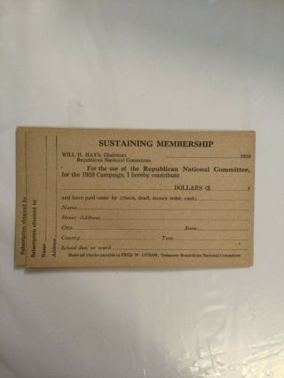 1920 Election Republican National Committee Membership Card Harding Coolidge