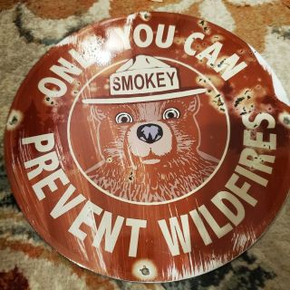 Vintage Smokey The Bear Prevent Forest Fires Porcelain Man Cave Garage Sign