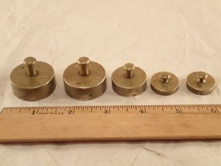 Antique Set Of 5 Small Brass Weights For Scientific Analytical Balances Or Scale