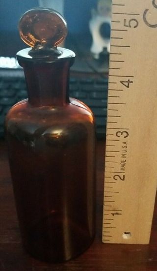 Small Amber Brown Glass Apothecary Bottle With 2 Stopper 5 " Tall 80 On Base