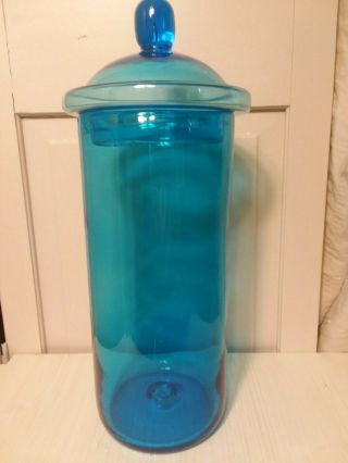 Vtg Blue Hand Blown Glass Apothecary Jar Large 17.  5 Inches Tall