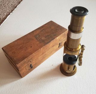 Antique Brass Field/pocket Microscope In Wood Case W/magnifying Glass