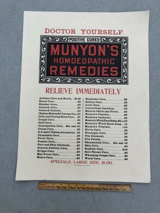 Vintage Munyon’s Homeopathic Remedy Poster Medical Antique Quackery