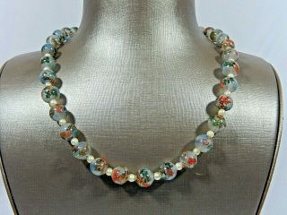 Vtg Chinese Reverse Hand Painted Glass Bead & Akoya Pearl 20 " Necklace 14k Clasp
