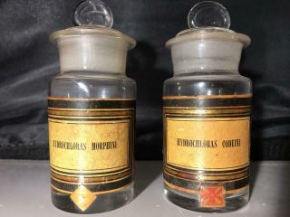 Pair 19c.  Antique Medical Apothecary Pharmacy Morphine Codeine Glass Bottle Jars