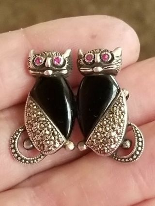 Vintage Marcasite & Onyx 925 Sterling Silver Cat Brooch Pin Old Stock