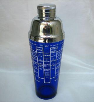 1930s Vintage Cobalt Blue Glass And Chrome Cocktail Shaker With 16 Drink Recipes
