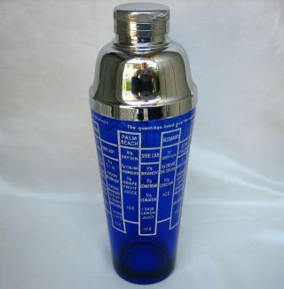 1930s Vintage Cobalt Blue Glass and Chrome Cocktail Shaker with 16 Drink Recipes 3