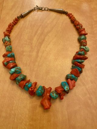 Vintage Old Pawn Navajo Turquoise & Coral Nugget Sterling Silver Necklace 18”l