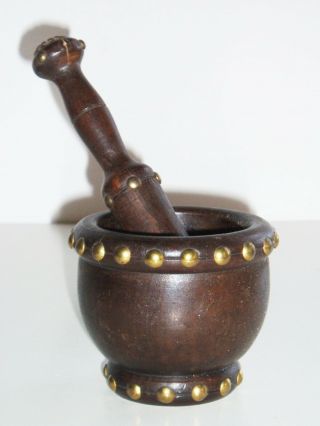 Antique Wooden Mortar & Pestle With Brass Studs
