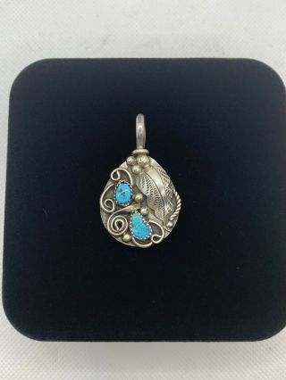 Vtg Design Native American Double Sided - Turquoise/ Coral Sterling Silver Pendant