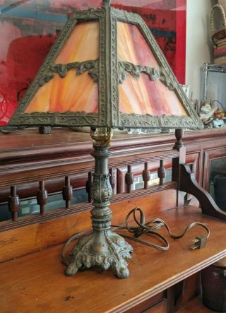 Red/orange Vintage Slag Glass Lamp (shade) & Pot Metal Lamp Base