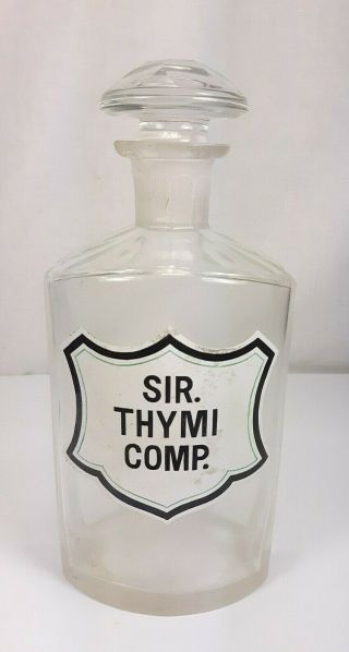 Antique 1800s Large Apothecary Bottle Hand Painted Enamel Label Sir.  Thymi Comp.