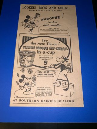 Very Rare 1933 Southern Dairies Mickey Mouse 5cent Ice Cream Cup Ad Cones Dollar