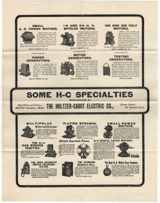 1901 Holtzer Cabot Electric Co Broadside Ad Motors Generators Fans Magnetos Etc
