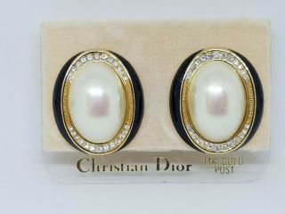 Vintage Christian Dior Faux Pearl Black Enamel Rhinestone Large Oval Earrings