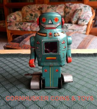 Vintage Noguchi Tin Mechanical Mighty Robot Wind Up Toy Made In Japan Sparks