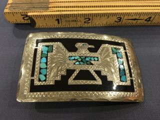 Vintage Zuni Thunderbird Sterling Silver Belt Buckle Turquoise Inlay Signed