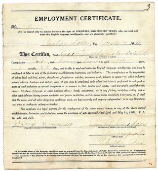 1911 Minor Coal Miner Child Labor Employment Cert.  Carbondale Pennsylvania 3
